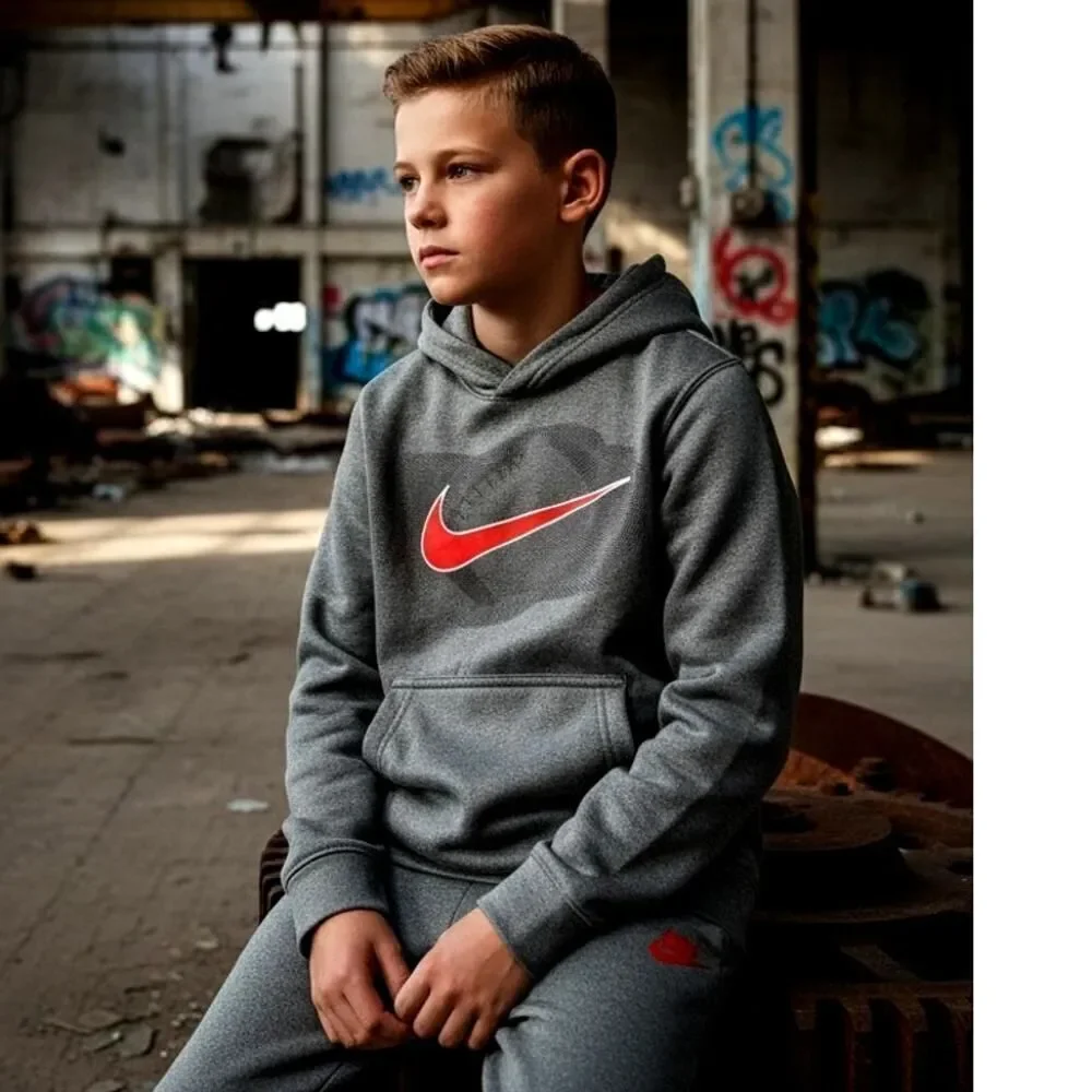 NIKE DRI-FIT Boys' Gray & Red Pullover Hoodie w/Ghost Football - Size: 6M